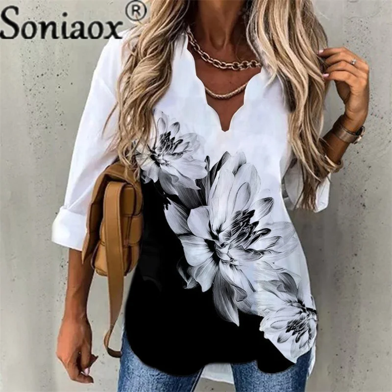 

Fashion Summer Tops Women Long Sleeve Printed Wavy Neck T-Shirt V Neck Regular Sleeve Crop Pullover T-shirts