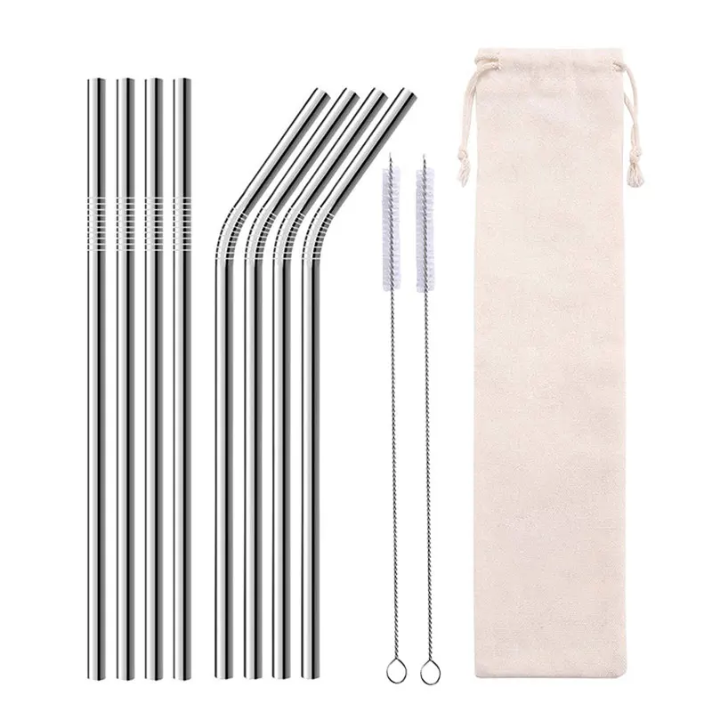 

6*215mm Silver 304 Stainless Steel Metal Straws Straight Bent Drinking Straw With Brushes Smoothies Cocktails Bar Accessories