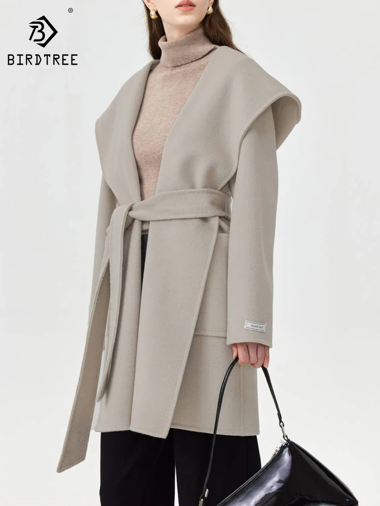 

Женский халат из 100% шерсти Birdtree, стильное пальто с капюшоном, 2023, зимнее красное шерстяное свободное элегантное пальто с длинными рукавами для женщин, C39733QC