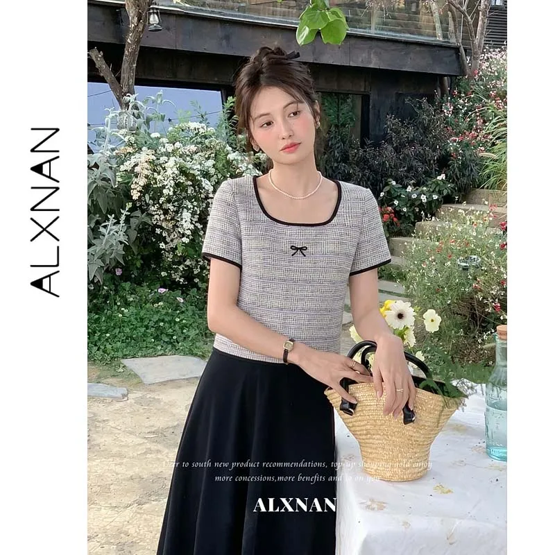 Фото Футболка ALXNAN больших размеров с коротким рукавом, женская, твидовая, в клетку, с квадратным вырезом, сиреневая, летняя, приталенная, укороченная, в корейском стиле, повседневная, D657115A №3