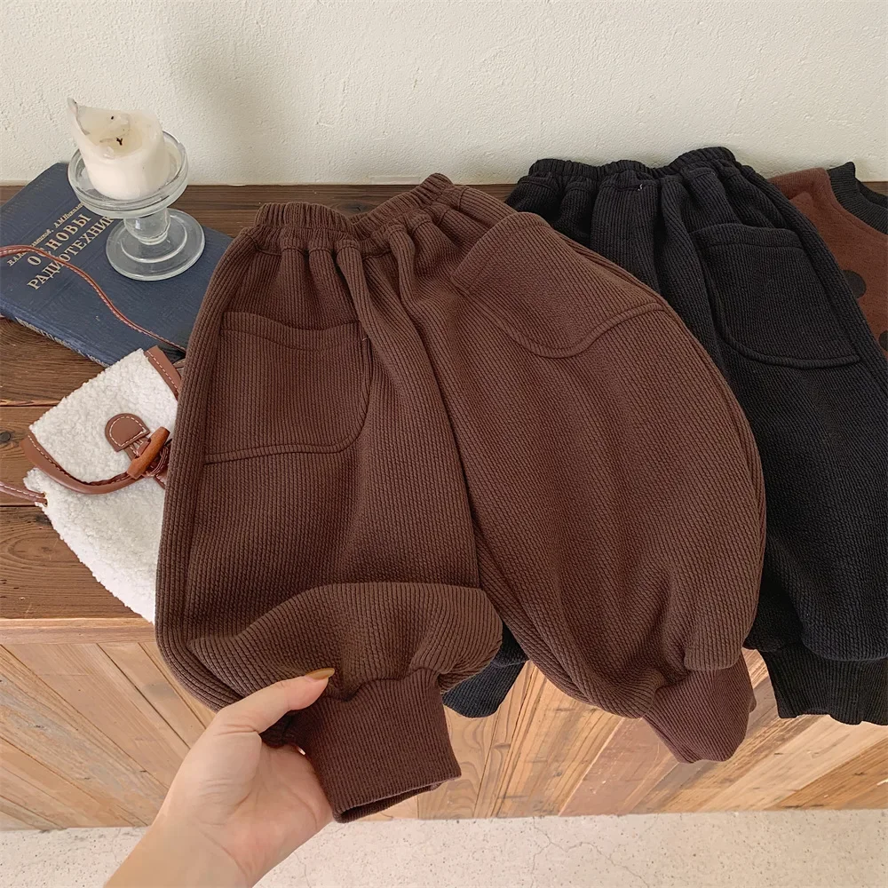 

Winter Kid's Plush Thickened Pants 2023 Korean Version High Elastic Thread Material Loose Boys' Radish Trouser Girls' Haren Pant