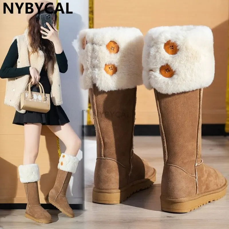 Fashion Style Women Natural Fox Hair Snow Boots Waterproof Genuine Cow Leather Winter Boots Warm Women Boots Knee-high Boots New
