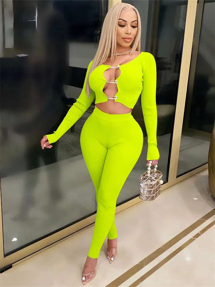 

Habbris Spring Sexy Solid Blue Long Sleeve Crop Top And Pants Sets Club Outfit For Women 2023 Hollow Out 2 Two Piece Sets Female