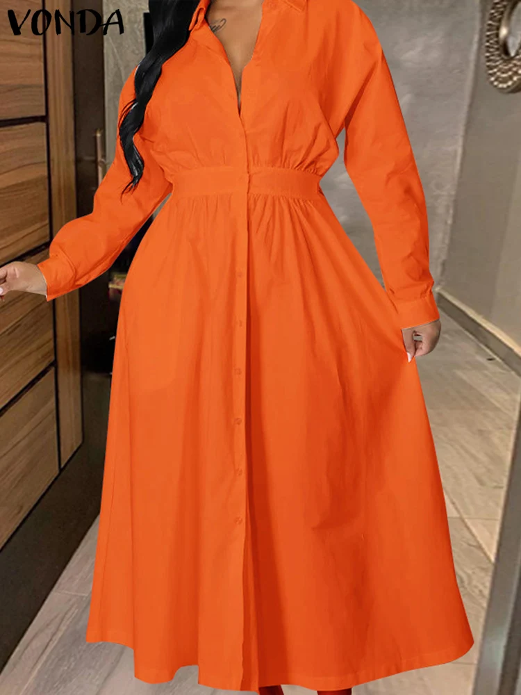 

VONDA Women Elegant Maxi Dress Autumn Solid Color Dress Loose Long Sleeve Oversized Sundress 2023 Fashion Casual Shirt Vestido
