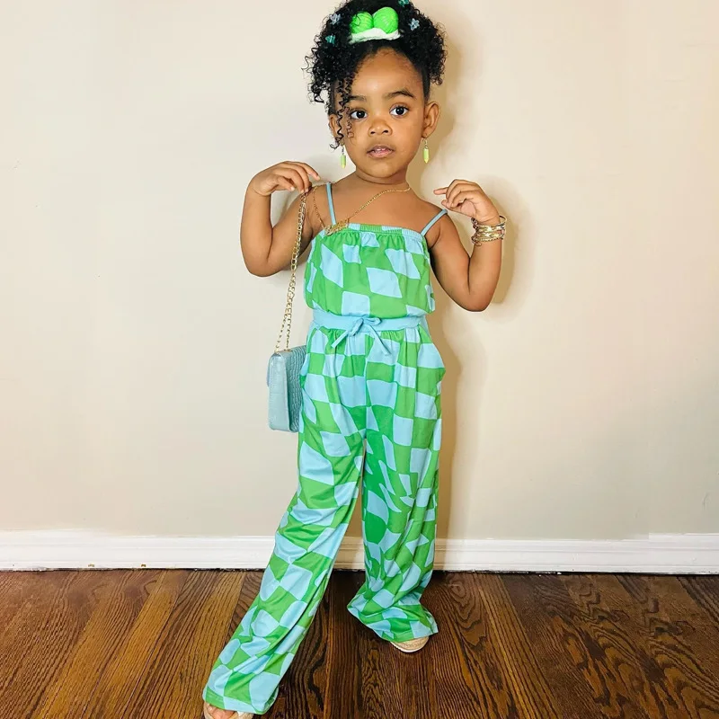 

Girl Summer Colorblock Jumpsuits Clothes Sleeveless Children's Girls Playsuit Long Pants 1-8Y Kids Baby Green Overalls Romper