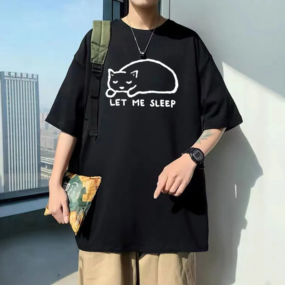

Funny Let Me Sleep Print T Shirt Cute Kawaii Cat Graphic Tshirt Tops Unisex 100% Cotton Tees Men Women Casual Oversized T-Shirts