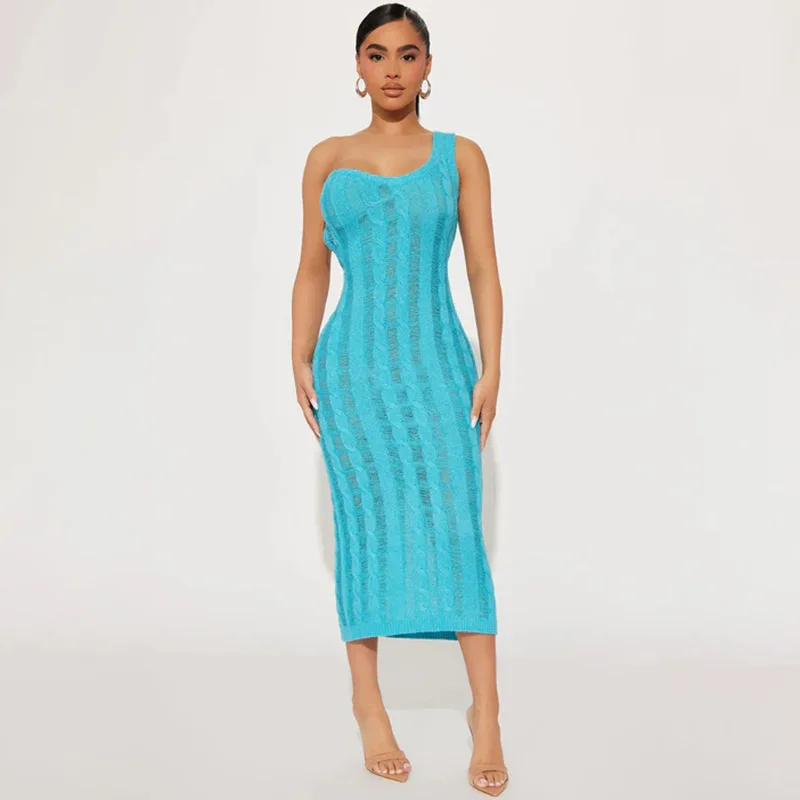 

Solid Hollow Out Knit Bodycon Midi Dress Summer Beach Robe Club Party Outfits Women Sexy Vestidos Inclined Shoulder Strapless
