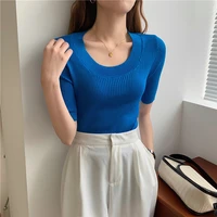 korean fashion white o neck knit tshirt women 2022 high qulaity casual solid short sleeve slim tops female new arrivals