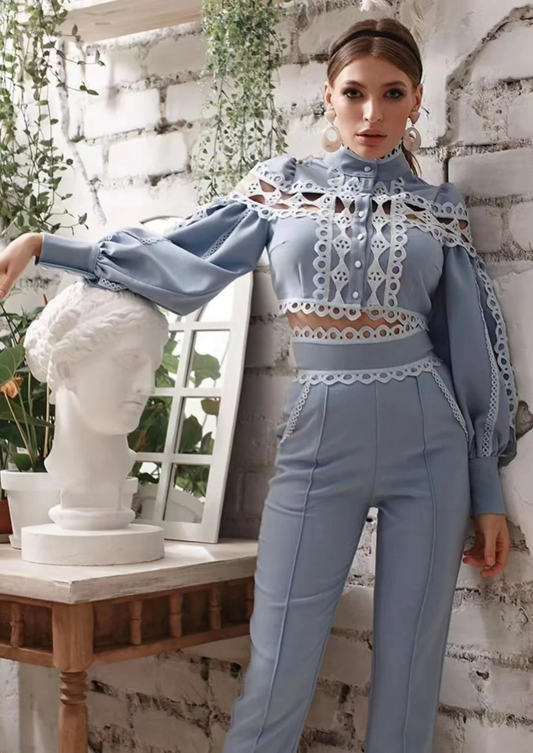 

A7378 Новый дизайн кружевные белые черные женские костюмы из двух частей ажурные модные женские весенние брюки костюмы