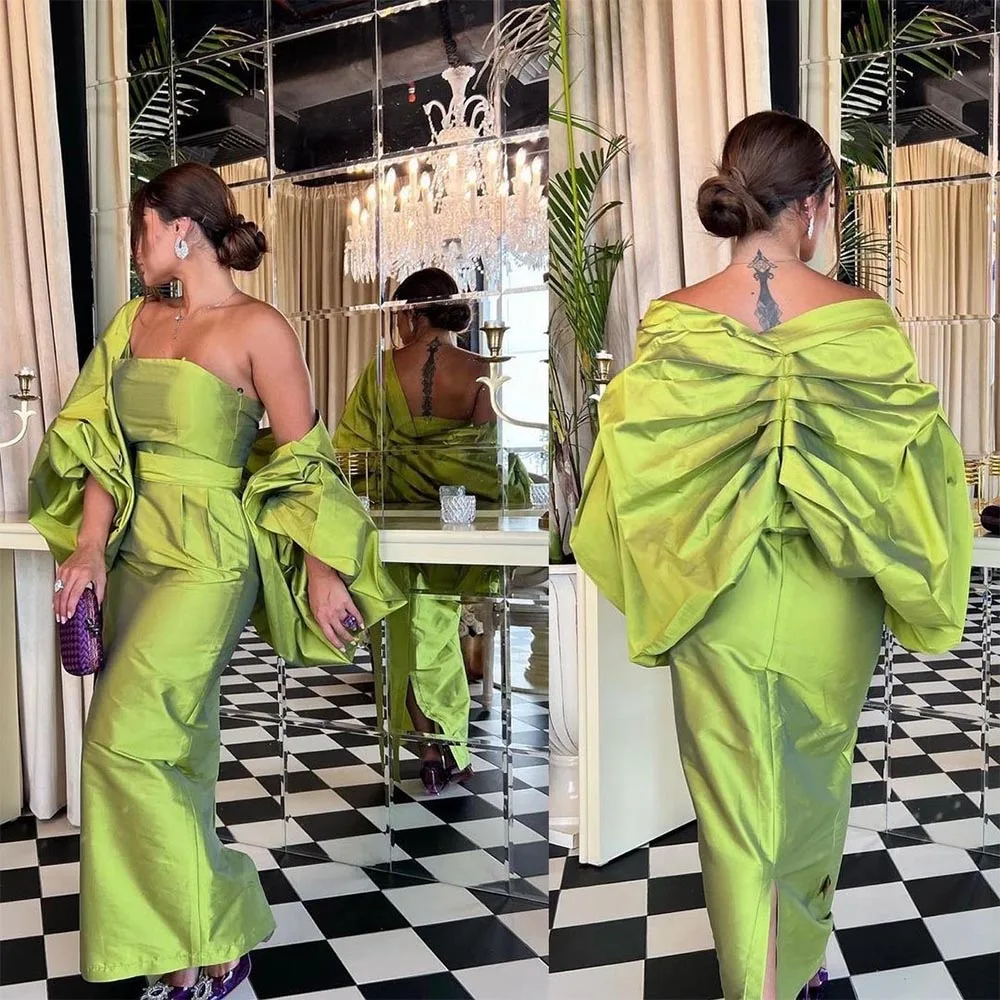 

Sevintage Green Saudi Arabic Mermaid Evening Dresses with Cape Off the Shoulder Pleat Ruched Prom Dress Wedding Party Gown 2023