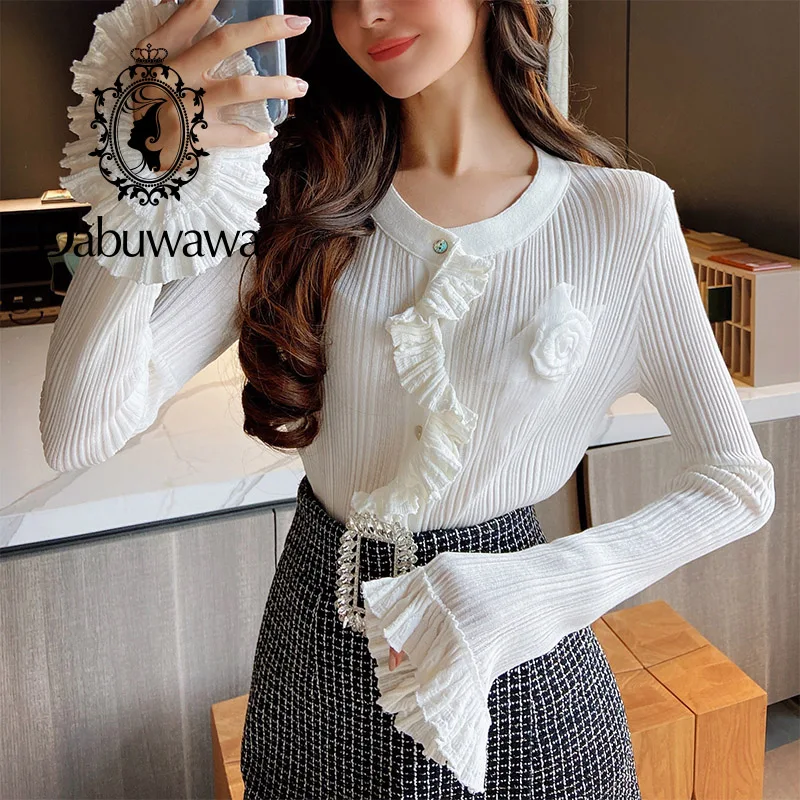 

Dabuwawa Women's Round Neck Solid White Ruffle Sleeve Pullover Sweater Autumn Spring Female Sweaters Ladies Jumper DF1AJS018