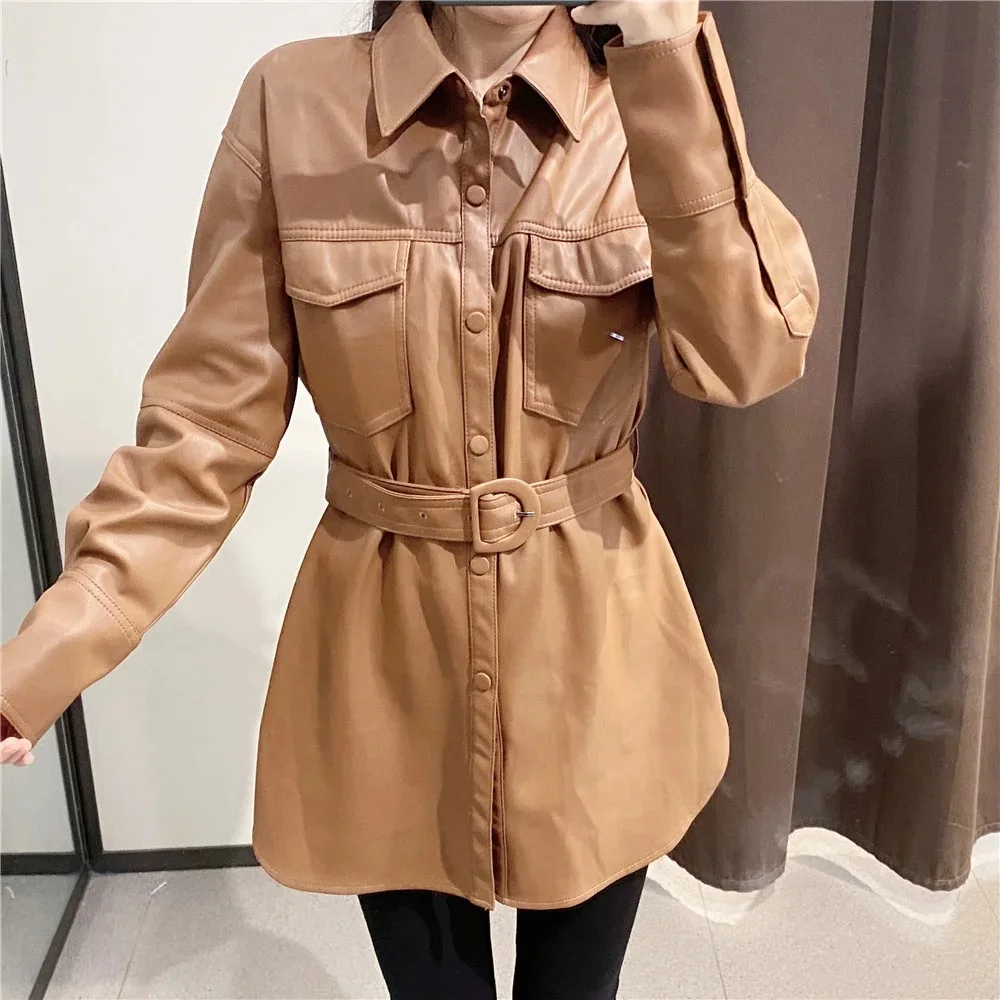 Leather Shirt Jacket Women 2023 Autumn New Hot Sale Lapel Single-breasted Mid-length PU Leather Belt Ladies Waist Jacket