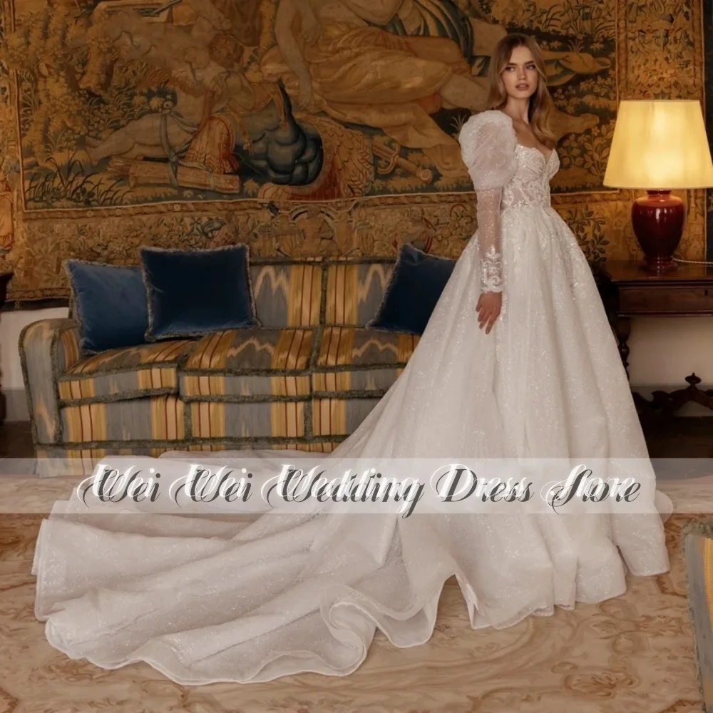

Винтажное свадебное платье принцессы со шлейфом, пышными длинными рукавами, 2024, современное роскошное ТРАПЕЦИЕВИДНОЕ кружевное платье с блестками и аппликациями, Vestidos