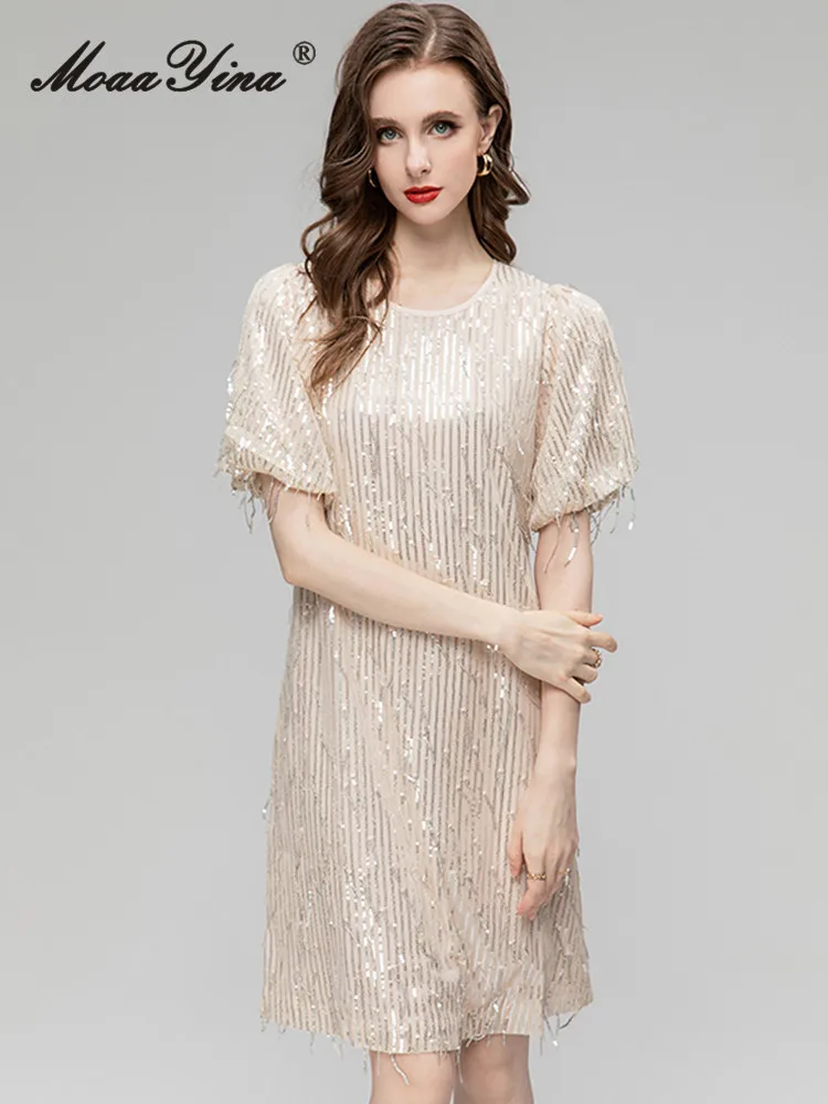MoaaYina Summer Fashion Designer Khaki Elegant Party Dress Women's O-neck Short Sleeve Sequins Tassels Casual Loose Midi Dress