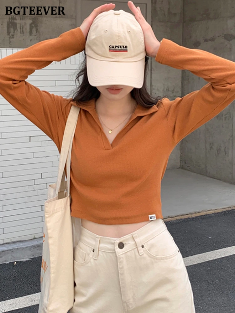 

BGTEEVER новые осенние шикарные стильные женские однотонные футболки с отложным воротником с длинным рукавом тонкие женские хлопковые футболк...