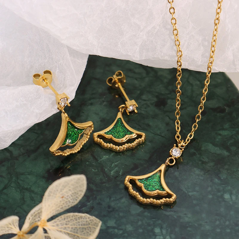 

Green Zircon Leaf Necklace Earrings Stainless Steel Pendant Necklaces Luxury For Lovers Valentine's Day 2022 Accessories Jewelry