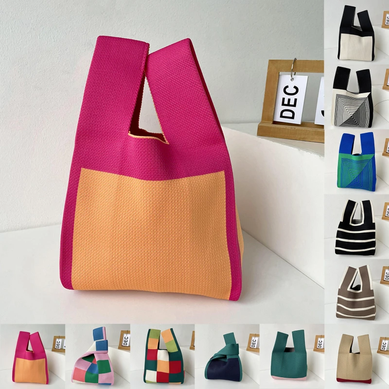 

Ручная работа, Женская мини сумка на запястье с узлом, японская Повседневная цветная широкая полосатая клетчатая сумка-тоут, студенческие многоразовые сумки для покупок