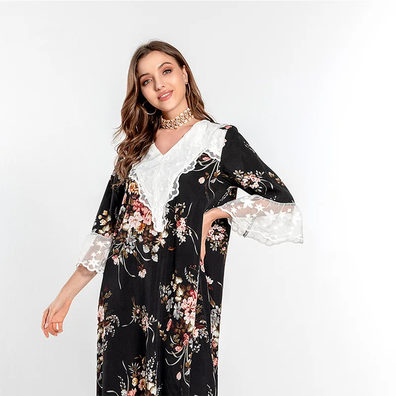 Casual Traditional Festival Muslim Round Neck Lace Print Loose Long Temperament Dress Abayas For Woman Robe Femme Musulmane