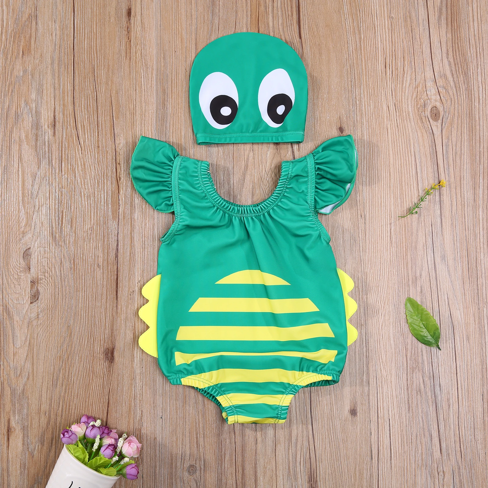

0-5T Children Cartoon Green Beetle Swimsuit with Swimming Cap Fashion Ruffled Cute Baby Flying Sleeve Swimming Swimsuit