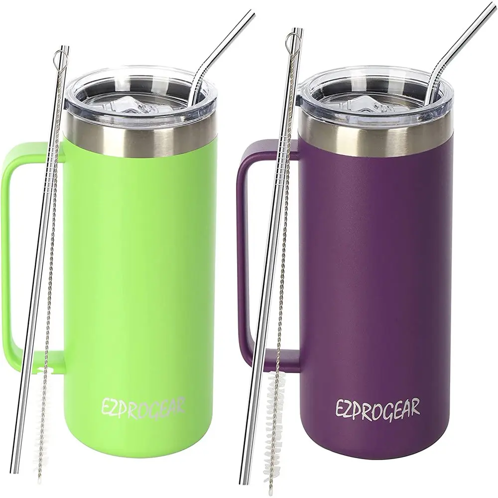 

Ezprogear 24 oz 2 Pack Stainless Steel Coffee Mug Double Wall Beer Tumbler Vacuum Insulated Camping Cup with Handle and Lid (Gra