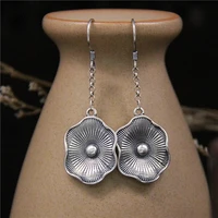 elegant silver color metal lotus earrings for women fashion carving long chain lotus leaf hook wedding earrings