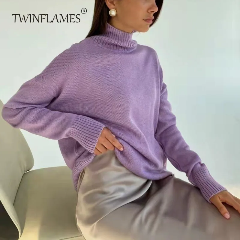 

TWINFLAMES High Quality Oversized Loose Turtleneck Sweater Women Autumn Winter Fashion Knit Warm Jumper Ladies Pullover Sweater