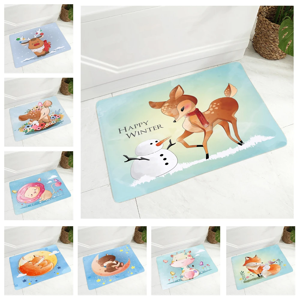 

Cute Cartoon Deer Fox Reindeer Doormat Super Soft Flannel Carpet for Kitchen Non-Slip Decor Lovely Animal Giraffe Floor Door Mat