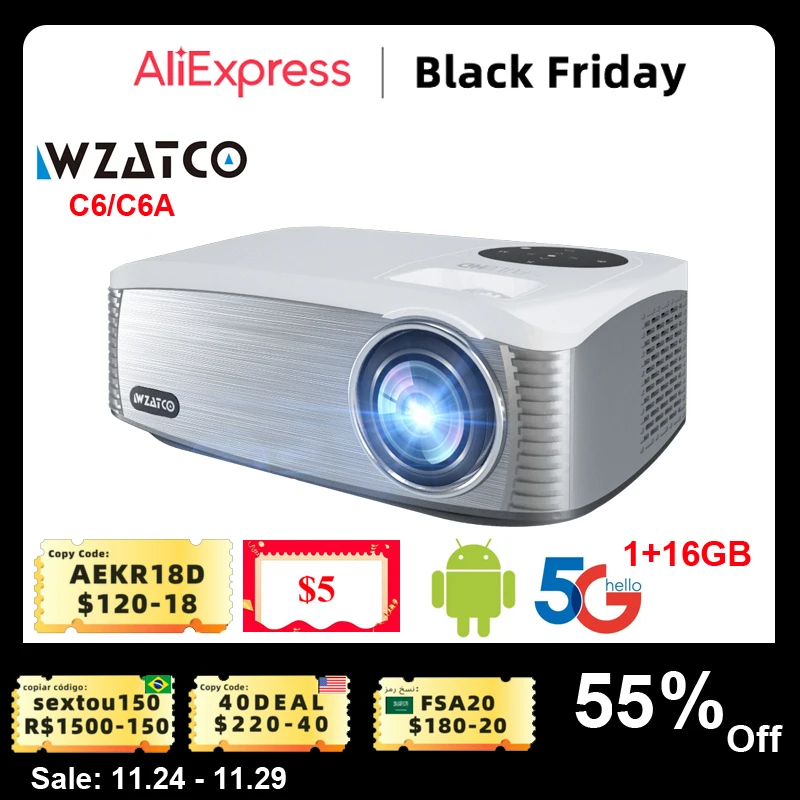 Светодиодный проектор WZATCO C6 300 дюйма Full HD 1920*1080P Android Wi-Fi | Электроника