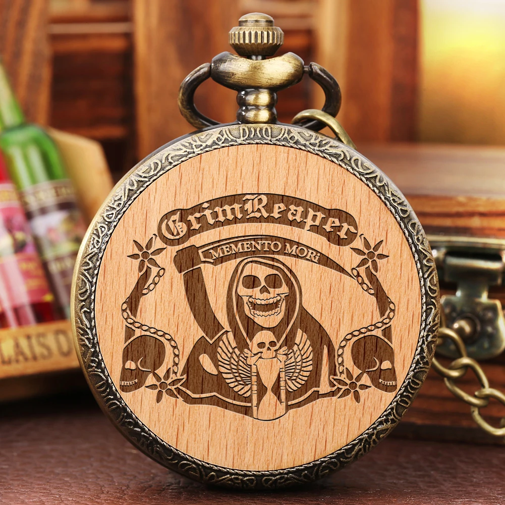 

Punk Cool Engraved Wood Quartz Pendant Pocket Watch Bronze Retro Alloy Case Vintage Fob Chain Necklace Watches Old Fashion Gift