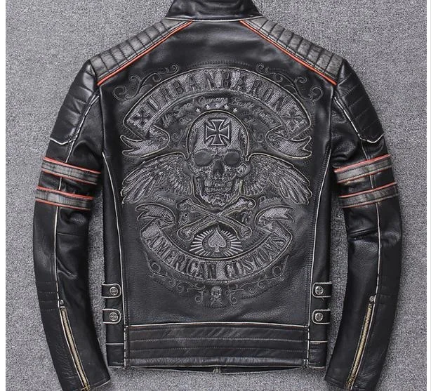 

Free shipping.DHL sales Brand plus size black men skull leather Jackets men's genuine Leather biker jacket.motorbiker coat