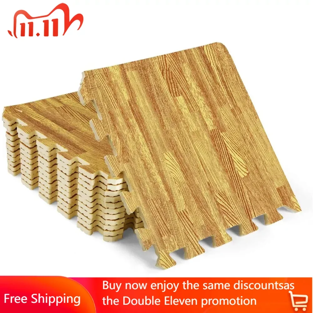 

12 pcs Interlocking Exercise Foam Mats, Cover 12 sqft, 3/8 inch Thick, Oak Wood Color