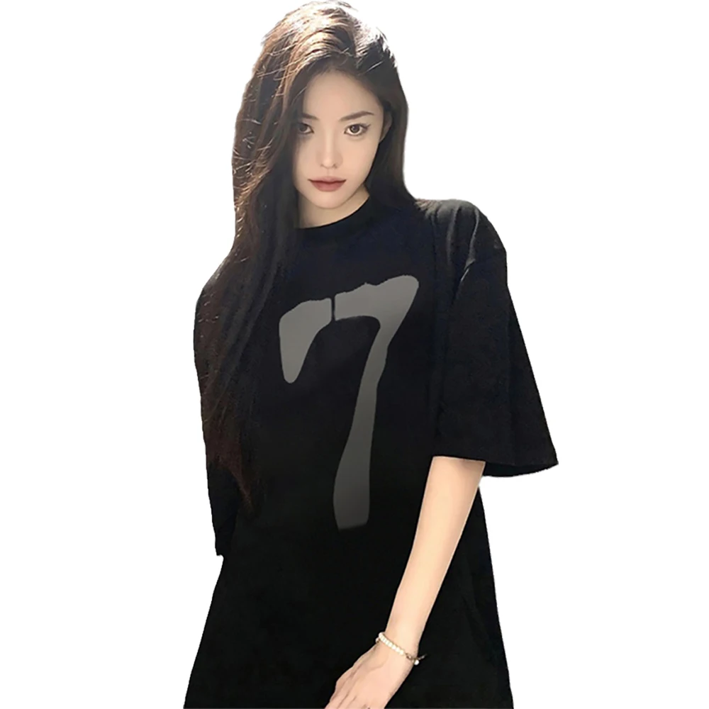 

Xiehнаса цифровой 7 черный с коротким рукавом женская футболка в Корейском стиле новый летний дизайн Sense INS модная уличная одежда для пары топы корейские