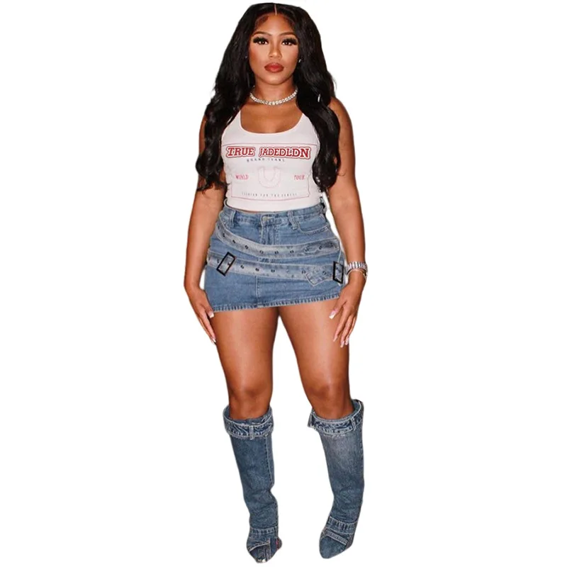 2023 Summer Women's New Fashion Washed Street Spice Girl Sexy Style Bag Buttocks Casual Solid Color Intimate Denim Skirt