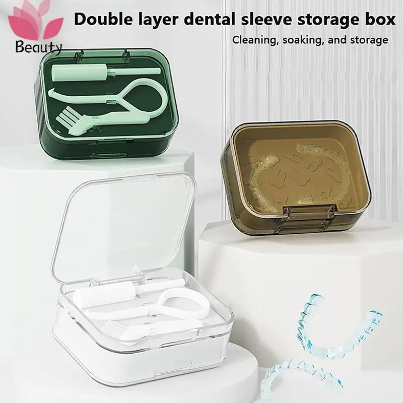 

2 layers Orthodontic Retainer Braces Storage Box With Teeth Soaking Denture Cleaning Tooth Storage Portable Case