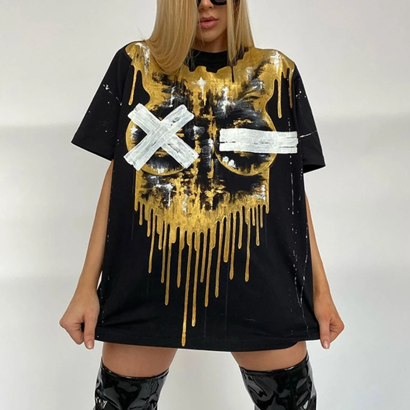 

Women Harajuku Oversized Short Sleeve T-Shirts Punk Cross Striped Graffiti Print Loose Vintage Hip Hop Tunic Tee Tops