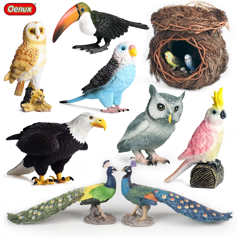 Oenux New Bird Nest Animals Peacock Parrot Owl Model Solid PVC Action Figures Big Garden Decoration Cute Education Kids Toy Gift