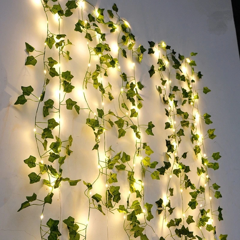 2.3m Artificial Plants Green Leaf Garland With 2m Led String Light Leaf Ivy Vine For Home Decorations Wedding Decor DIY Rattan