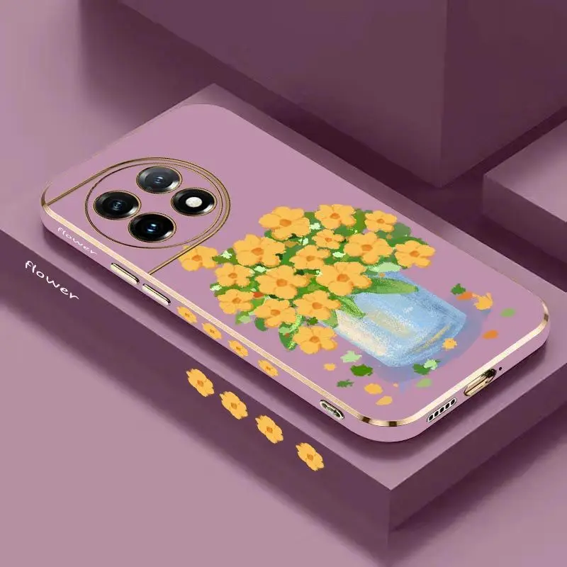Oil Painting Flower Luxury Plating Phone Case For Oneplus 11 11R 10R 10T 10 Pro 9 9R 9RT 8T 8 8 Pro Cover