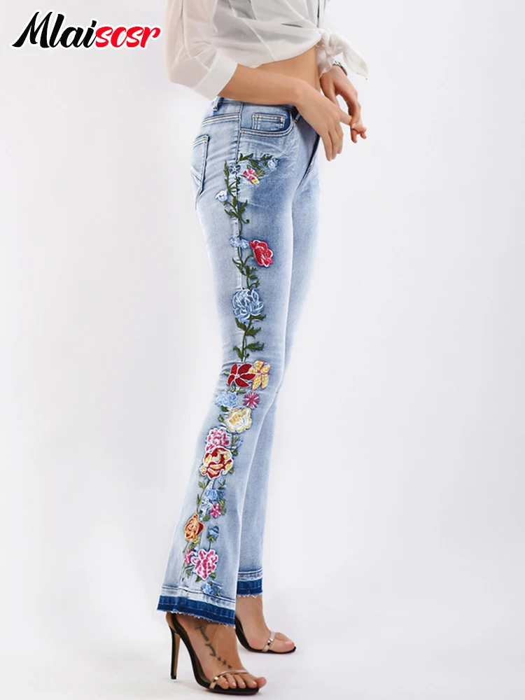 Модные обтягивающие расклешенные джинсы Mlaiscsr с 3D цветочной вышивкой женские