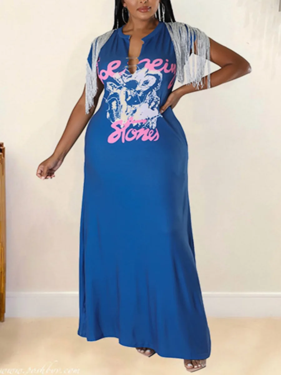 

LW Plus Size Ladies Fashion Dresses Letter Print Tassel Design Dress summer Short Sleeve V Neck Loose Dress Casual Dress