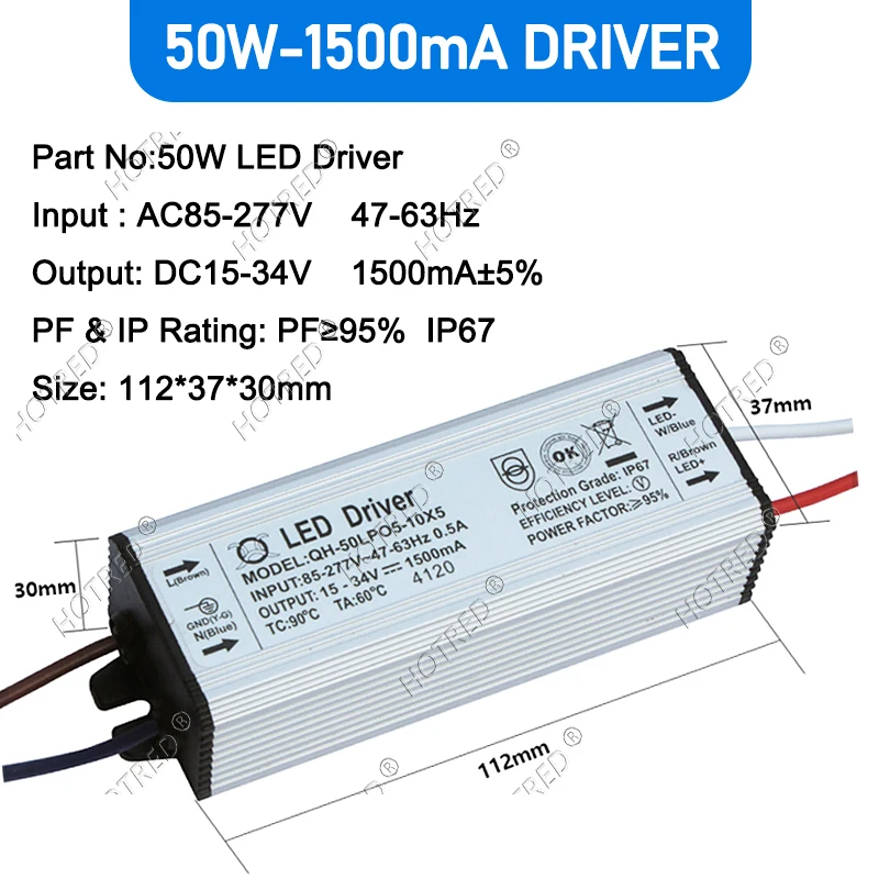 Фото Светодиодный драйвер 50 Вт, адаптер-трансформатор AC85V-265V в DC22-38V/30-36V/15-34V, водонепроницаемый блок питания IP65, 1050мА, 1200мА, 1350мА, 1500мА №2