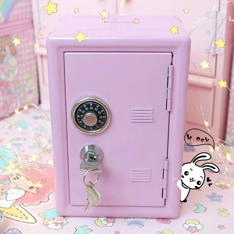 

W&G Ins Safe Box Organizer Iron Pink Desk Decorative Box Piggy Bank Metal Mini Cabinet Money Storage Box Kawaii Storage Box