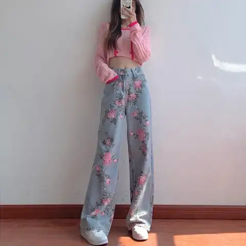 Denim Jeans Pants for Women 2023 Loose Straight Vintage Hot Wide Leg Korean High Waist Y2k Printed Women's Pants Jeans Trend New