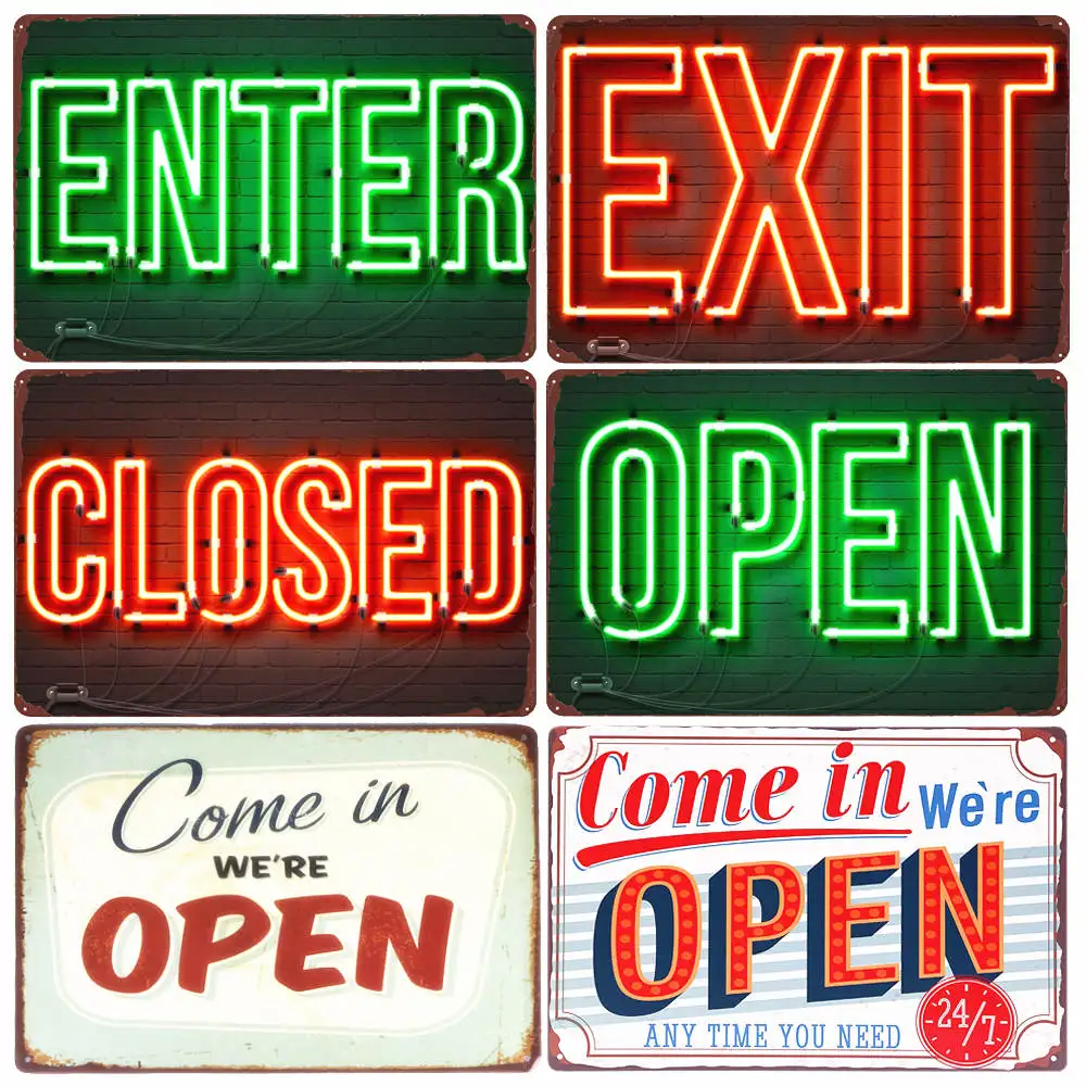 

COME IN WE'RE OPEN and SORRY WE'RE CLOSED Vintage Metal Sign Tin Poster Pub Bar Cafe Shop Entry and Exit Plaque