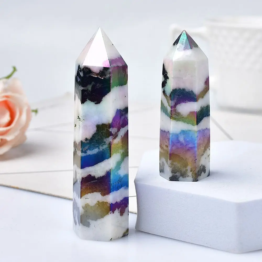 Plating Mineral Hexagonal Crystal Tower 5cm-8cm Natural Aura Crystal Column New Black and White Zebra Obelisk for Universal