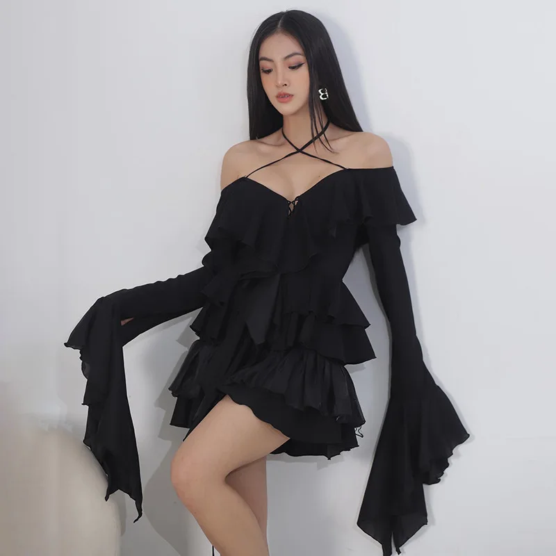 

Dress for Women Sexy V-Neck Slim Thin Halter Camisole Fashion Streetwear Solid Bandage Long Sleeve Female Short Skirt 2023