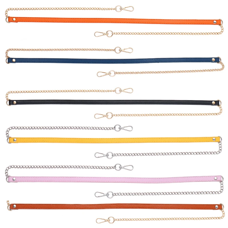 

DIY 120cm Replacement Shoulder Crossbody Bag Strap Black PU Leather Handle With Gold Silver Metal Chains Bag Strap For Crossbody