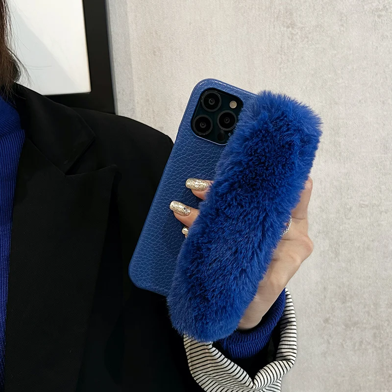 

For IPhone 11 12 13 Pro Max Phone Case Plush Wristband Luxury Cover Klein Blue Leather Shell Smiley 9 Plush Wristband Phone Case