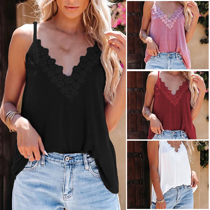 

Women Summer Tank Tops Lace Trim V Neck Sling Strap Sleeveless Shirts Loose Fit S-3XL Women Summer Tank Tops B99