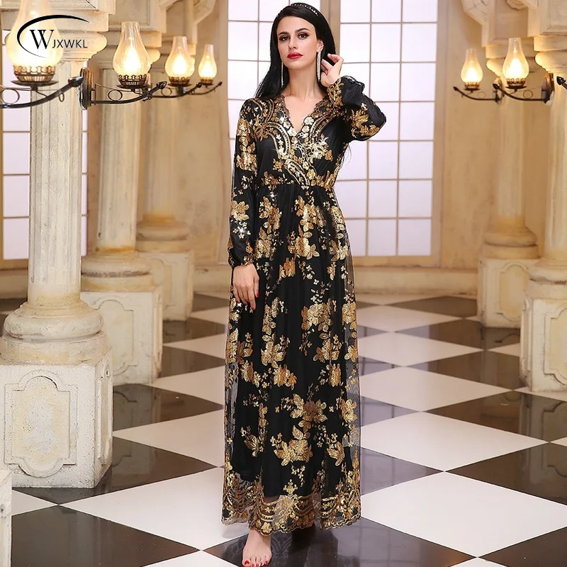 7000 Temperament Black Gold Sequins Embroidery Dubai Double Dress 2022 Abayas for Women Turkish